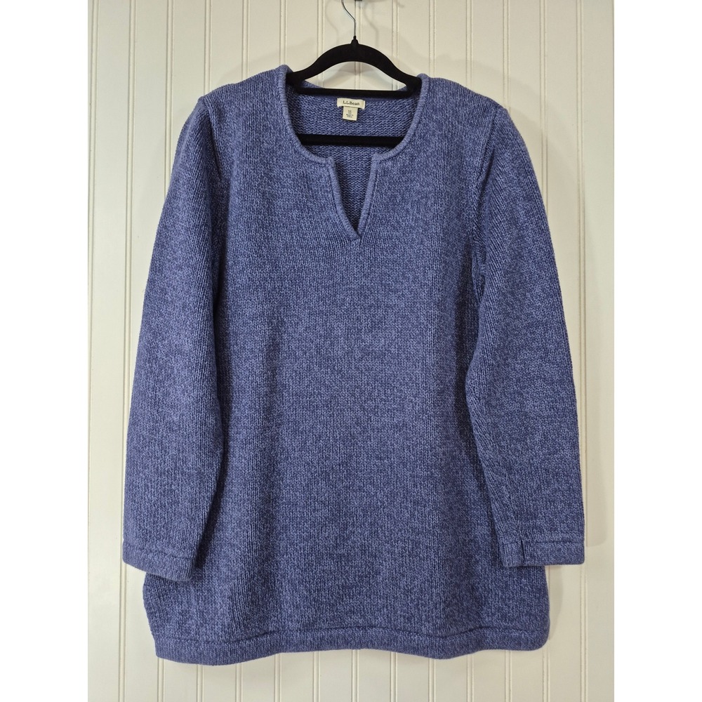 LL Bean Women XL Blue Marl Split Neck Tunic Thick Sweater Long Sleeve Knit
